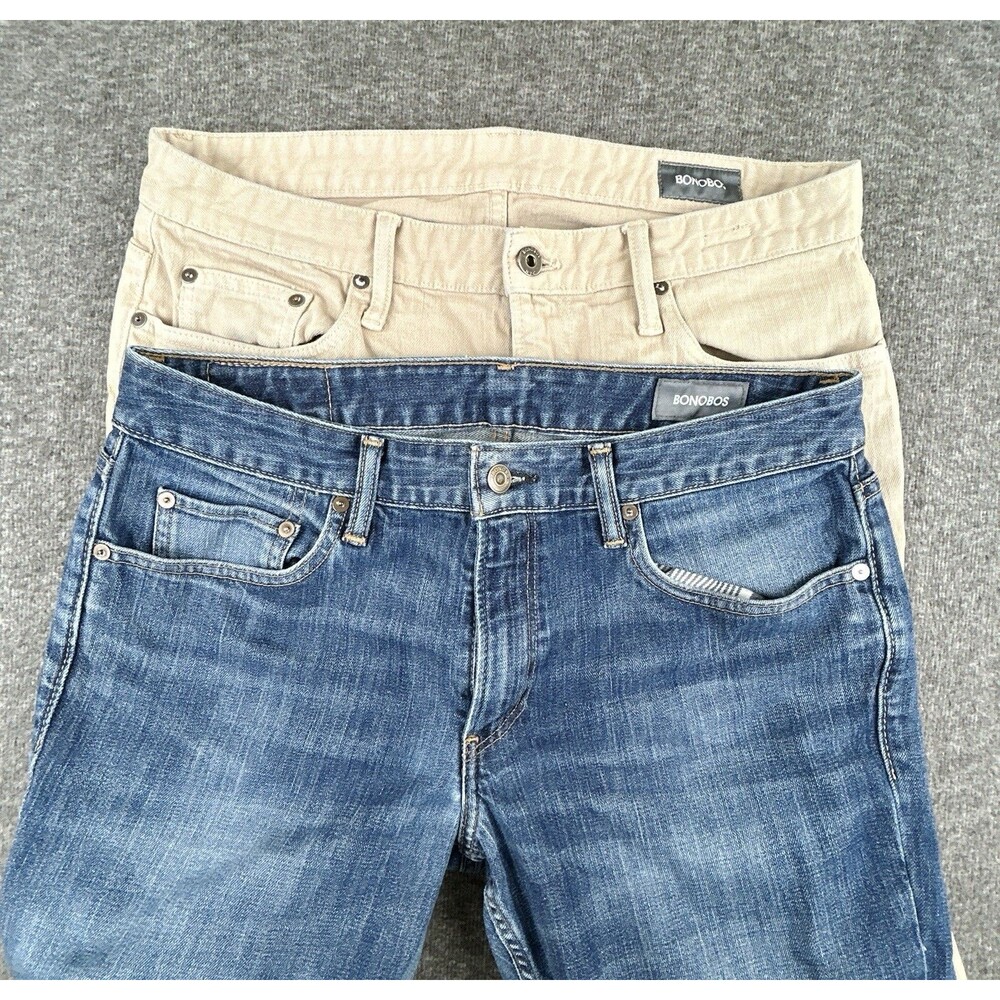 Lot Of 2 Bonobos Bootcut Jeans Mens Sz 33x34 Blue/Beige Straight Travel Denim